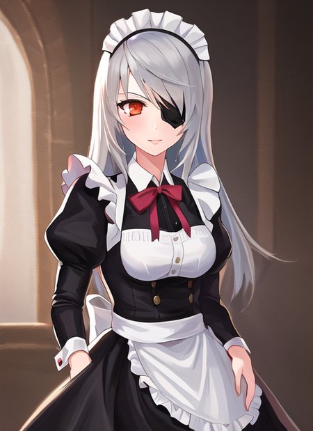 1girl, laura, grey hair, (eyepatch:1.2), maid cosplay, intricate, highly detailed, digital painting, artstation, concept art