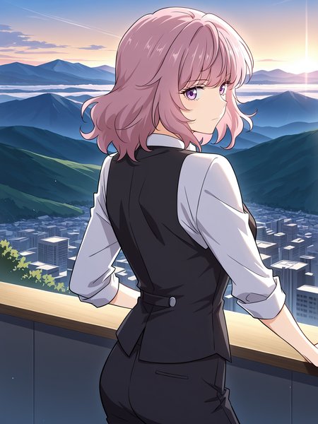 <lora:Immortal_Swordsman_In_The_Reverse_World__Chu_Xiao:1>
1 girl, solo, medium hair, wavy hair, pink hair, purple eyes, 
white collared shirt, black vest, black dress pants, black necktie, office outfit, sleeves rolled up, formal clothing,
score_9, score_8_up, score_7_up, source anime, BREAK, cowboy shot, (from side), looking back, looking at viewer, overlooking mountain, high altitude, scenery, exterior, background