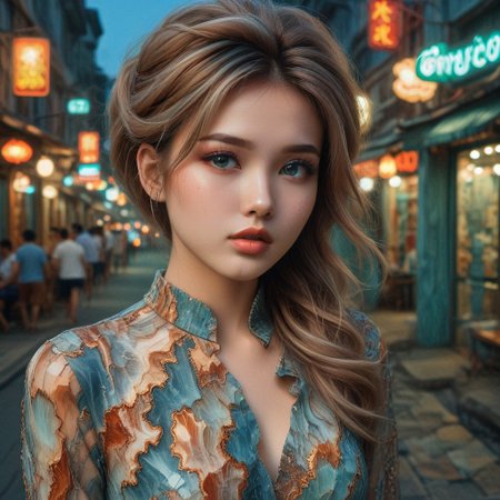 20 year old, blush, exotic, seductive, smirk, fashion, model, fine art photography, iconic, dynamic angle, dynamic pose, macro, photograph, intricate background, Vietnamese (fashion icon:1.2) , Artistic, Gold hairstyle, Aesthetically Pleasing Turquoise Eyes, at Blue hour, wearing a short dress made of Petrified Wood,  Frightening, Interpolation, Fujicolor Superia X-TRA 400, 50mm, Offset print, RAW photo, highly contrasted, contemporary fine detail, highly intricate, detailed, stunning