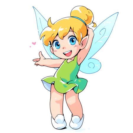 TangiriniStyle,  
score_9, score_8_up, score_7_up, source_anime, masterpiece, best quality,1boy, solo,  cute, happy, smiling, white outline,  standing, full-length portrait, forest background, TinkerWaifu, fairy wings, blue eyes, green dress, sexy, hair bun, short dress
