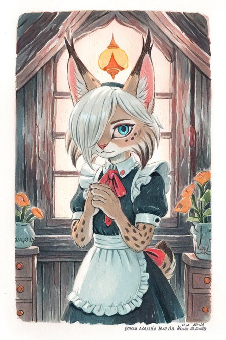 anthro lynx girl,maid outfit,white hair,blue eyes,Ameli,(solo:1.3)
bang covering one eye,indoors,looking at viewer,traditional media
<lora:Perfect Hands:1> <lora:Ameli:0.8>, score_9, score_8_up, score_7_up, score_6_up, score_5_up, score_4_up,zPDXL