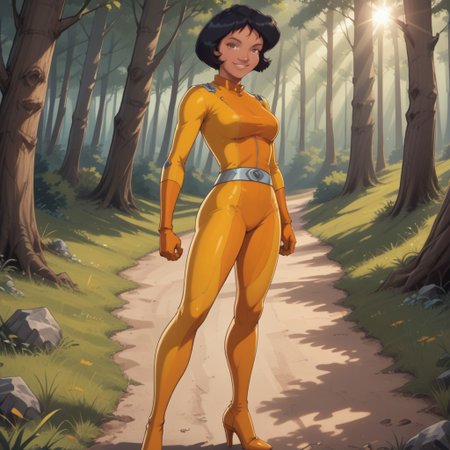 score_9, score_8, BREAK, solo, Alex_(Totally_Spies), short hair, black hair, bob cut, brown eyes, dark skin, dark skin female, yellow latex bodysuit, belt, skin tight, yellow gloves, high heels, sexy pose, self portrait, smile, looking at viewer, outdoors, sunlight, shadows, evening lighting, natural lighting, forest, trees, grass, orange sky, sunset