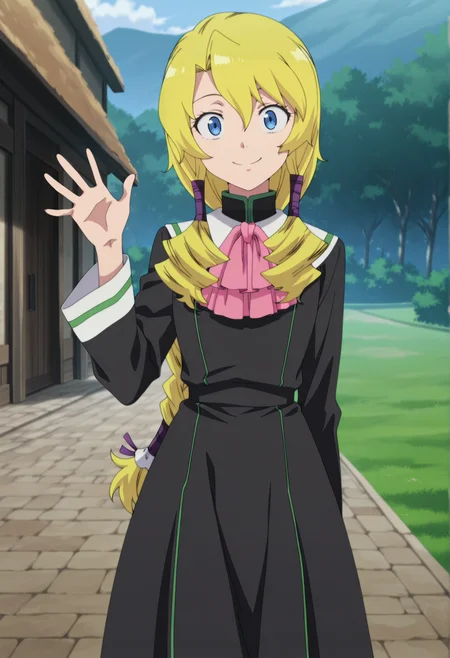 anime screenshot, anime screencap, anime coloring, 1girl, blonde hair, blue eyes, low tiwntails, curly hair, braid, black tunic, white collar, pink ascot, outdoors, gardent, looking at viewer, smile, cowboy shot, waving  <lora:lashara_seikishi:1>, masterpiece, best quality, amazing quality, very aesthetic, absurdres, highres, newest