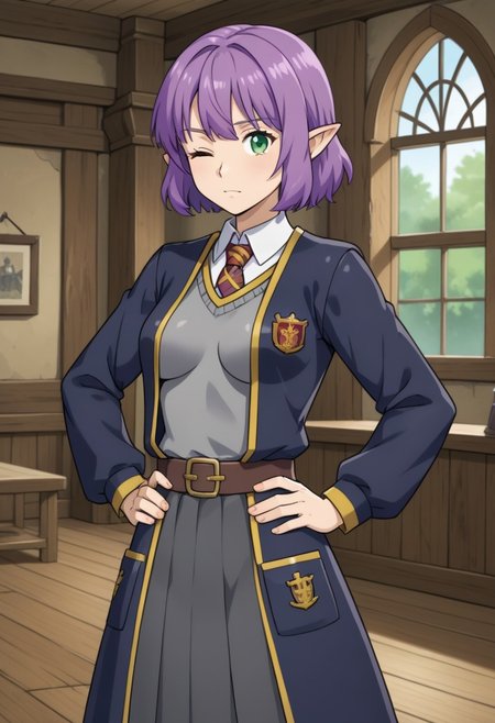 1girl, solo, noelgm2, purple hair, short hair, green eyes, pointy ears, medium breasts,gryffindor_style_clothes, hogwarts school uniform, standing, hands on hips, one eye closed, indoors, wooden house, open clothes,