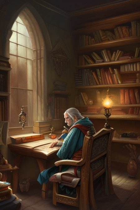 RAW photo, (masterpiece:1.3), subsurface scattering, heavy shadow, (high quality:1.4), (intricate, high detail:1.2), professional photography, HDR, High Dynamic Range, realistic, ultra realistic, photorealistic, high resolution, film photography, ambient lighting, atmospheric effects, <lora:detail_slider_v4:2>, OverallDetail, a sorcerer in his study, desk, books, shelves, FanStu, <lora:FantasyStudy-10:0.75>, epiCPhoto