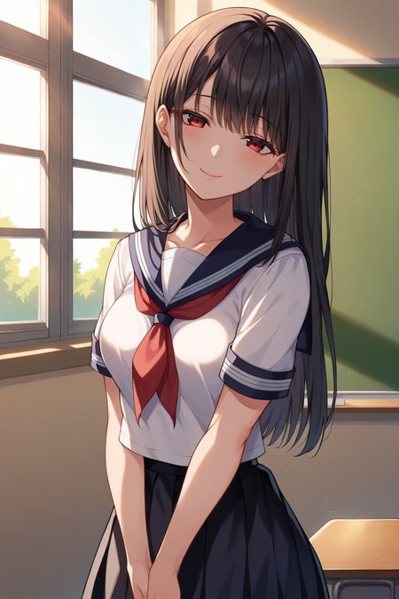 score_9, score_8_up, score_7_up, source_anime, 1girl, prefect lighting, very aesthetic, intricate details, highly detailed background, masterpiece, high quality, prefect hands, best quality, solo,
<lora:Touko_Nishi_Okaeri_Papa_V1:.85>, kjotouka, red eyes, dark hair, bangs, long hair, half-closed eyes, 
serafuku, black skirt, short sleeves, 
standing, own hands together, seductive smile, head tilt, looking at viewer, 
school, classroom, window, dawn,
(Beautiful, medium Breasts:1.2), natural breasts,