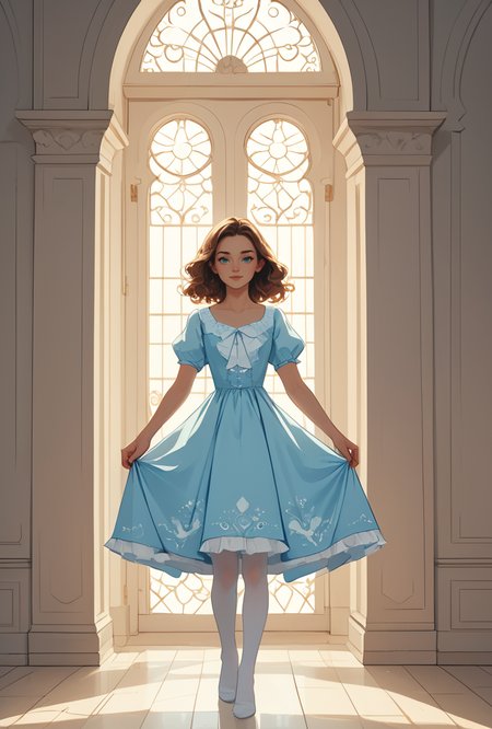 core_9, score_8_up, score_7_up,1woman,late twenties, russian, caramel wavy haircut hair, light blue eyes, blue and white frill dress, (white stockings), cute face, standing, indoor, intricate detail, sunlight,, intimate lighting, focused lighting on the characters' faces, highlighting their emotions and connection