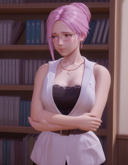 holding own arm, glasses, bookshelf, solo, shy, realistic, 
<lora:Elise_vvp_lcd_v0.4:1> elivevvplcd, blue eyes, asymmetrical hair, hair bun, earrings, 
strapless long dress, trim lace, black dress, belt, white sleeveless jacket, necklace, 
masterpiece, best quality, amazing quality,