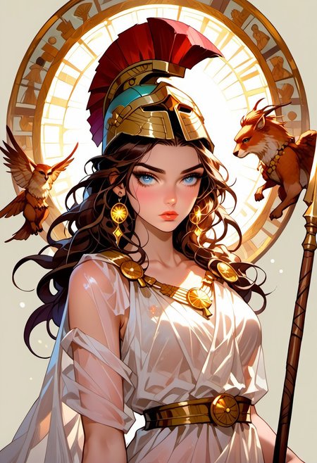 Stable_Yogis_PDXL_Positives, (score_9, score_8_up, score_7_up), ((zPDXL3)), ((zPDXLxxx)), ((Greek mythology style)), ((face focus, eye focus, dynamic angle, motion)), 1girl, solo, fantasy, (greek_athena, helmet ontop of head, brown hair, long hair, toga, armor, sandals), ((((sheer material, silk, semi-transparent clothes)))), (ancient greek clothes), (armor), (holding spear), lace, cape, breathless intimacy, tanned skin, petite model bombshell, heart, young, delicate features, narrow pointy nose, tiny nose, lust, big eyes, seductive eyes, blue eyes, detailed skin, flared lashes, mascara, makeup, perky huge breasts, athletic body, narrow waist, skinny hips, 
warm light, detailed, neon dark party
 BREAK
milky way, runes, arcane, astral, surreal, ethereal glow, masterpiece, best quality, intricate design. colorful, moonlit nightsky, stained glass aesthetic, moody whimsical color palette, murano glass, bold soldering lines, volumetric light shining through, crepuscular rays, intricate craftsmanship, detailed texture, luminous transparency, reflective light play, vivid hues, atmospheric depth, enchanting silhouette, art nouveau,