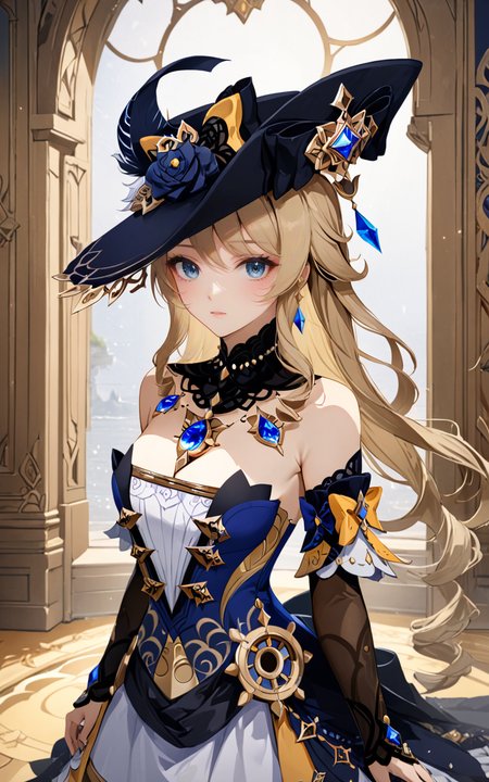 extreme detailed 1girl, masterpiece, ultra-detailed, an extremely delicate and beautiful, solo, navia /(genshin impact/), blue eyes, dress, detached sleeves, jewelry, hat, stay, indoors, <lora:Navia_XL_LoRA:1>,  <lora:Desolation:0.5> <lora:aesthetic_anime_v1s:0.6>