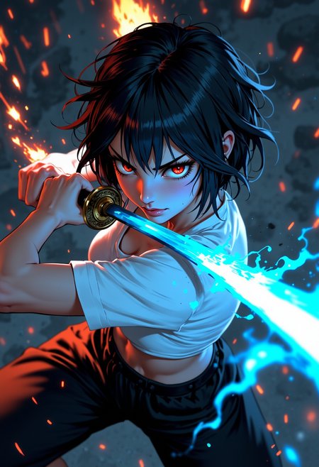 mythp0rt, A woman in black pants and a white top wields a glowing blue katana. Her short black hair partially obscures her intense, red-eyed gaze. Sparks and embers fly around her in the dimly lit, blurred background. Anime style, high contrast, and saturated colors.
<lora:FluxMythV2:0.8>