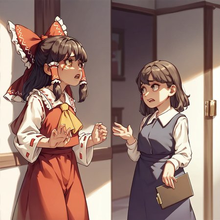 score_8, score_8_up, score_7_up,  lo_su_tr, 2girls, female focus, BREAK 1girl, hakurei reimu, standing, open mouth, looking at another, hands up BREAK cirno, standing, open mouth, looking at another,holding clipboard, hand up BREAK indoors, corner,