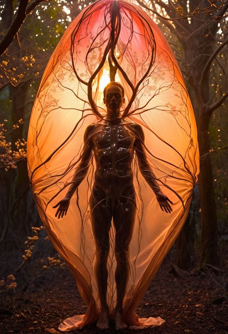Human silhouette form unfurling cocoon outer layers, translucent shimmering body blossoming outwards, intricate branching light details, radiant colors of dawn, otherworldly luminescence, mystical atmospheric lighting, conveying metamorphosis, personal growth