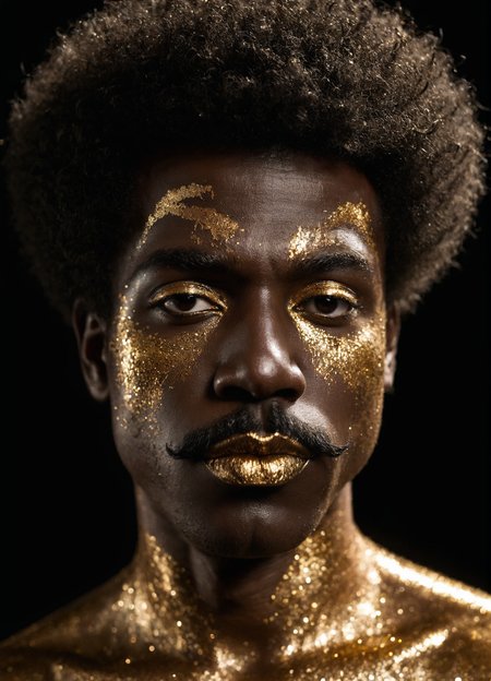 man, mustache, glitterstyle,make-up, highly detailed, dark skin, wild, afro, white, gold, silver,black background, dark, strong backlight, upper body,
 <lora:GlitterStyle_sdxl:0.6>