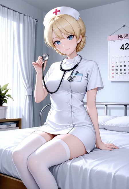 masterpiece,best quality,absurdres,highres,very aesthetic,high quality,detailed,insanely detailed,beautiful,perfect lighting, 
 <lora:Darjeeling illu :0.9> 1girl, blonde hair, blue eyes, stethoscope, white thighhighs, smile, braid, potted plant, curtains, short hair, looking at viewer, indoors, nurse, calendar (object), bed, holding,, shirt, sit,