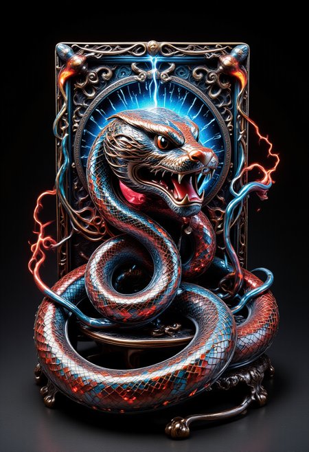 biomechanical style A hyper-realistic and intense scene of a snake appearing to emerge from a glowing digital screen, creating a 3D effect as if it is breaking into the viewer's space. The snake's head and part of its body are reaching out of the screen, its fangs exposed in an aggressive posture. The screen appears cracked and distorted at the edges where the snake is breaking through, with glowing fragments and electrical sparks adding to the dramatic effect. The background is dark, amplifying the sense of depth and realism.. cer1micsn1ke  <lora:FLUX_cer1micsn1ke_LoRA:1> <lora:aidmaFLUXpro1.1:0.32> aidmaabdhr <lora:aidmaAbadonedHorror:0.66> <lora:Mushroom_Portrait_Flux_v1:0.50> <lora:FLUX_Bizarredreams:0.80> <lora:FLUX_QVL_LoRA:0.60> . blend of organic and mechanical elements, futuristic, cybernetic, detailed, intricate