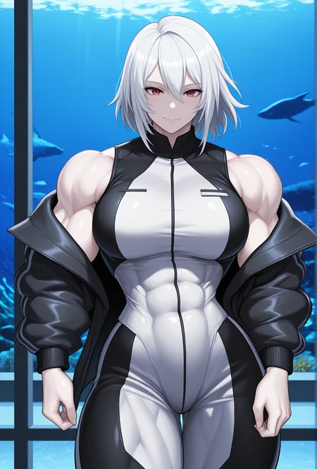 (masterpiece, best quality, very aesthetic, absurdres:1.2), 1girl, science fiction, aquarium, pale skin, white hair, straight-on, jacket, looking at viewer, smile, <lora:rentb_style_illustrious_v1:1> rentbstyle, muscular female, muscular, sleeveless