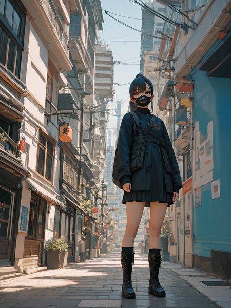 score_9, score_8_up, score_7_up, PDXL, <lora:sc3n3ryXLP:0.5>, <lora:TechwearV1:0.75> , techwear, dark clothing, full body, 
1girl, japanese, cute face, detailed eyes, long black hair in a ponytail, black facemask, knee high black boots, standing in the middle of a city