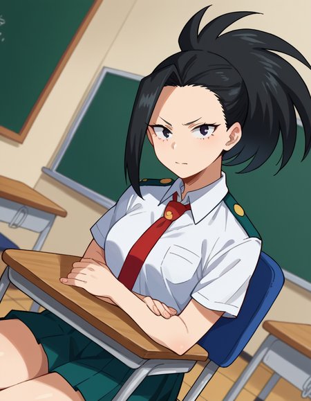 score_9, score_8_up, score_7_up, source_anime,
yaoyorozumomo, <lora:momo-yaoyorozu-ponyxl-lora-nochekaiser:1>,
yaoyorozu momo, long hair, bangs, black hair, ponytail, black eyes, high ponytail, wide ponytail,
skirt, shirt, school uniform, white shirt, short sleeves, pleated skirt, necktie, collared shirt, red necktie, green skirt, u.a. school uniform,
indoors, classroom, sitting, desk, chair,
looking at viewer, cowboy shot, dutch angle,