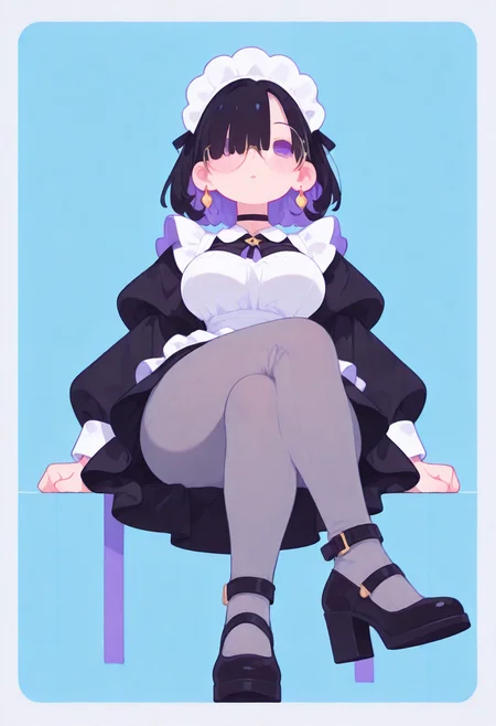 masterpiece, best quality, good quality, very aesthetic, absurdres, newest, 8K, viewed from below, legs focus, legs awe, full body, perspective, BREAK 
side portrait of stunning girl sitting, legs crossed, bangs, black hair, bobcut hair, purple eyes, choker, hair over one eye, (rimless big round glasses), large breasts, earrings, ear pierces, ultra detailed decorative victorian gossamer clothes, very short tight black maid dress, maid apron, multi colored hair, grey tights, black pumps, 
simple pastel turquoise  background with thick white border,
directional lighting, BREAK half closed eyes, blushing, unfocused eyes, slightly parted lips, distant gaze, emotionless look,
chubby legs, thick legs, skindentation, thick ankles, 
ultra-realistic, Flatline, Flat vector illustration, haiz_ai, no lineart, no outline,
pplegs,  
<lora:haiz_ai_illu:0.8> <lora:flatline:1.65>  <lora:ponyv6_noobE11_2_adamW:0.25>  <lora:Slider-LimbWidth:1.5> <lora:Slider-LegLength:-1.5> <lora:v0.04_Concept_pony:0.29>