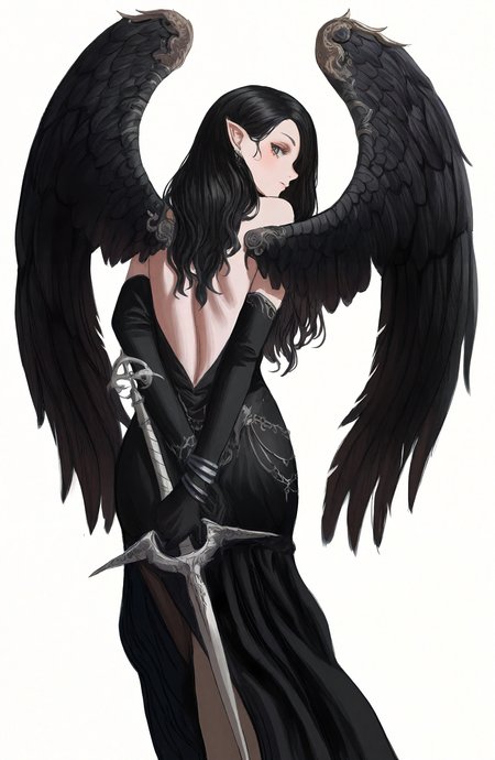 1girl, solo, long_hair, looking_at_viewer, simple_background, black_hair, white_background, gloves, dress, holding, jewelry, weapon, wings, black_gloves, pointy_ears, elbow_gloves, looking_back, sword, holding_weapon, from_behind, black_dress, bracelet, feathered_wings, black_wings