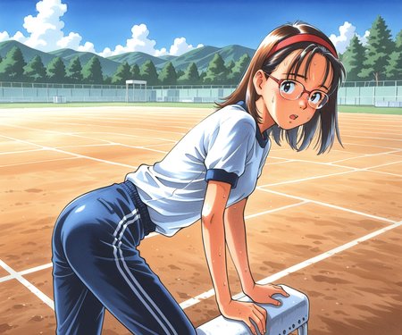 masterpiece, best quality, amazing quality, , 1girl, solo,  gym uniform, pants, outdoors, medium hair, glasses, <lora:Kurita Yuugo style ILL-v2:1.2> kuritayuugo,