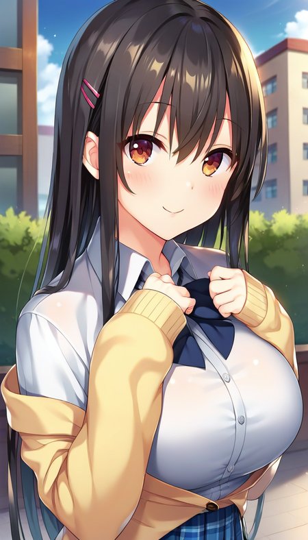 score_9,score_8_up,score_7_up,score_6_up BREAK official art,solo,outdoors,upper body,(portrait:1.5),looking at viewer,facing viewer,smile,blush,Yukimura Shiho,very long hair,black hair,shiny hair,straight hair,hair ornament,hairclip,sidelocks,hair between eyes,bangs,brown eyes,school uniform,yellow cardigan,black ribbon,white shirt,collared shirt,long sleeves,sleeves past wrists,large breasts,skindentation,miniskirt,blue skirt,pleated skirt,plaid skirt,thighs,zettai ryouiki,black thighhighs,loafers,brown footwear,<lora:Yukimura Shiho(tkis)-Pony:1.2>,