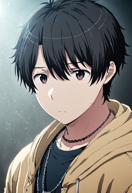 high resolution, solo, best quality, 1Boy, Inaho Kaizuka, Black Hair, bangs, necklace, choker, hair between eyes, Hoodie, OverallDetail