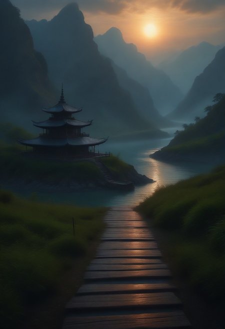 incorporate elements that evoke a sense of magic with a glitchy distortion and psychedelic color palette.  realism pushed to extreme, fine texture,  by David A Hardy, media,grass,fence,road,house,power lines,utility pole,lake,pagoda, cloud,town,chimney,nature,stairs,bridge,river,pier,barefoot,fishing rod,dock,real world location,ship,mountain,fishing rod,fishing, inlay myanmar