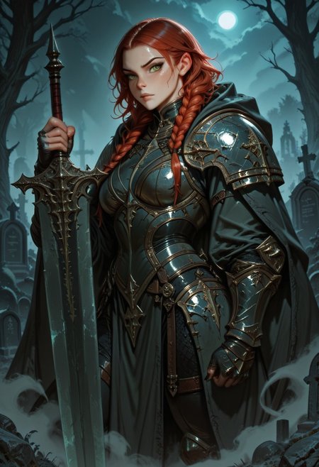 G0thicL1nes, 1girl, female knight, red hair, braids, fierce expression, green eyes, looking at viewer, intricate armor, large sword, dramatic lighting, moonlight, cemetery, fog, dark fantasy, masterpiece, best quality, amazing quality