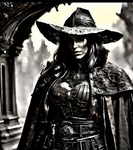 RAW photo, (masterpiece:1.3), subsurface scattering, heavy shadow, (high quality:1.4), (intricate, high detail:1.2), professional photography, HDR, High Dynamic Range, realistic, ultra realistic, photorealistic, high resolution, film photography, ambient lighting, atmospheric effects, <lora:detail_slider_v4:2>, OverallDetail,  <lora:zoom_slider_v1:-1>, 1girl, Porcha, <lora:Porcha-10:1>, dark makeup, as a female WitchHunter, coat, belt, cape, hat, <lora:WitchHunter-10:1>, <lora:cleavage:-1>, in a sinister graveyard, <lora:Darkness:0.3> Darkness,, epiCPhoto