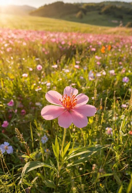 Breathtaking masterpiece, highest quality, cinematic photograph, nature art designed by Michael James Smith, realism art, A delicate pink flower blooms in a lush meadow, its petals a vibrant shade of orange. The sun shines down on the scene, casting a warm glow on the petals and flowers. In the distance, illustrious quality, imposing, ambient background, cool colors, highly complex,