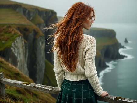 (back facing viewer:2), (analog photograph, hyperrealistic, masterpiece, 8K, soft cinematic lighting, cold|dreary atmosphere, windy:1.75), (tall woman, very long messy hair, overlooking the cliffs of Moore, tight white knitted aran sweater, short plaid green skirt:1.5), pale skin, redhead, skinny <lora:RMSDXL_Enhance:1.5>  <lora:RMSDXL_Creative:1>