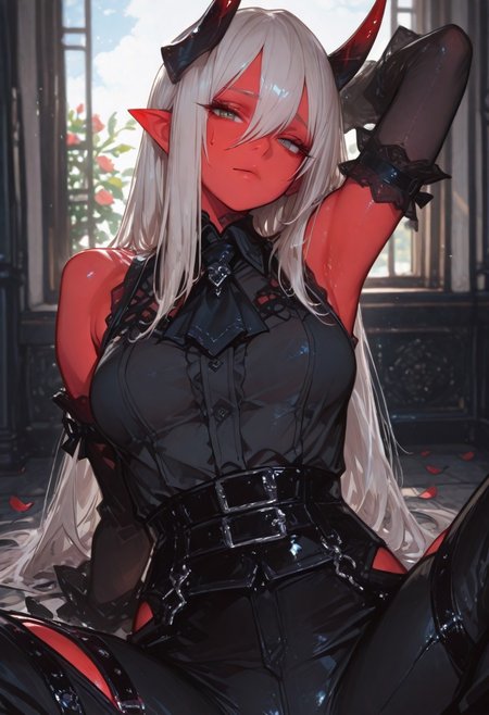 1girl, gorgeous girl , kawaii girl , cute face, masterpiece, best quality, very awa, absurdres, 748cmstyle, usnr
masterpiece, best quality, Good quality, very aesthetic, absurdres, newest,1girl, light rays, looking at viewer, sky, solo, gradient color, erotic, petals falling,
BREAK
ultra-detailed, 8K, illustration, CG, ultra-detailed-eyes, detailed background, ambient occlusion, raytracing, soft lighting, absolutely eye-catching, intricate cinematic background, beautiful face,  , eyelashes, erotic, looking seductive, coy. dynamic action image, detailed face, detailed eyes, direct mesmerizing gaze, mature female, medium breast,
BREAK
sexy, slutty, hot, aroused, 
Aka-Oni, oni, colored skin, red skin, smooth horns, black horns
BREAK
flirting:2.0, flower,
BREAK
(EyesHD:1.2), (4k,8k,Ultra HD), masterpiece, best quality, ultra-detailed, very aesthetic, sharp focus, depth of field, ray tracing, best lighting, detailed illustration, detailed background, cinematic, beautiful face, beautiful eyes, 
BREAK
 sweatdrop, expressionless, looking at viewer, on ground, arm behind head, arm support, spread legs, long hair, grey hair, hair between eyes, raised eyebrows, black shirt, sleeveless shirt, black ascot, arm cuffs, black sleeves, detached sleeves, black gloves, black pants, thigh cutout, thigh strap, bare shoulders