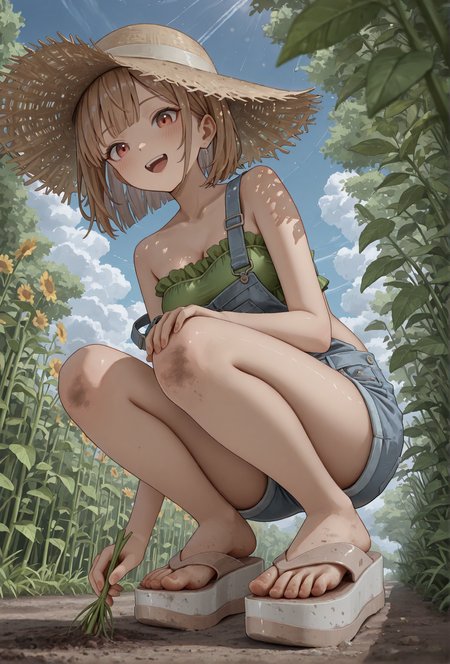 masterpiece, best quality, 
(mlsa flip flops), (platform footwear:1.2),
dirty shoes, dirty feet,
low angle, foot focus,
1girl, 
squatting,
straw hat, gardening, outdoors, dappled sunlight,
short denim overalls, strap slip, green frilled bandeau top,
medium breasts, 
happy, cute face,