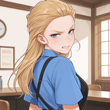 masterpiece, best quality, amazing quality, colorful, vibrant, very aesthetic, detailed background,  <lora:Wendy_-_Waffle_House-000008:1> wh-waitress, 1girl, blonde hair, blue eyes, waitress, indoors,  general, upper body, looking back, grimace, blue shirt, black apron,