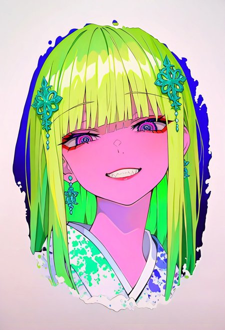 masterpiece,best quality,absurdres, amazing quality, hi res, masterpiece, best quality, detailed, amazing quality, detailed face, detailed eyes, clean eyes, best quality, highres, very aesthetic, newest, ultra-detailed, illustration, (best quality:1.1),ultra-detailed, high resolution, super detailed skin, beautiful detailed eyes, nsfw, Brightly Lit, Highly Visible, 8k, sharp focus, beautiful, perfect lighting, beautiful eyes, anatomically correct, anatomically correct face, extremely detailed eyes, smooth edges, beautiful face, symmetrical eyes, symmetrical face, BREAK 748cmstyle, newest, (colorful:0.5), (lineart:0.8), (silhouette:0.4), StainedArt_IL, paint splatter, Spill Art, coffee spill art, 1girl, smile, jewelry, earrings, green hair, looking at viewer, grin, blunt bangs, purple eyes, portrait, japanese clothes, kimono, long hair, hair ornament, makeup