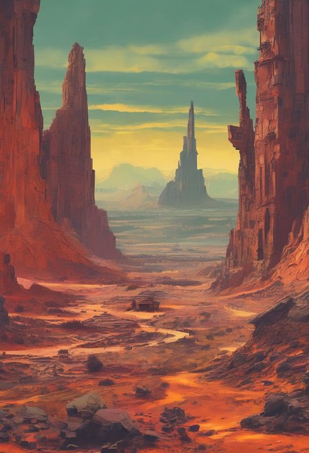 An epic wasteland, vibrant colors stretching across the horizon, with remnants of a technologically advanced civilization peeking through the rugged terrain, digital art style."