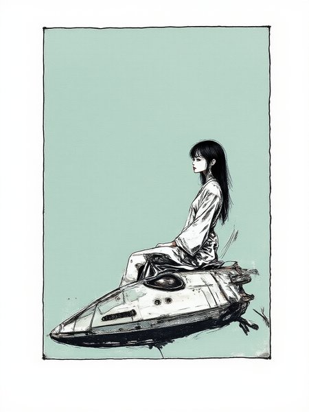 An illustrated image of a woman in traditional Japanese attire sitting on the roof of a spaceship. <lora:InkEdgeMono-Complex_Epoch-08:0.8> 1NK3D63-M0N-C0M,  
<lora:inkedgemono-simple_epoch-08:0.7> 1NK3D63SIM, 
background is bamboo shoot <lora:Midjourney_Whisper_AgateX_v1:0.6>, border is pastel blue
 <lora:Midjourney_Whisper_Minimal:0.8>
| no deformed hands, no too many limbs, no too many fingers,
