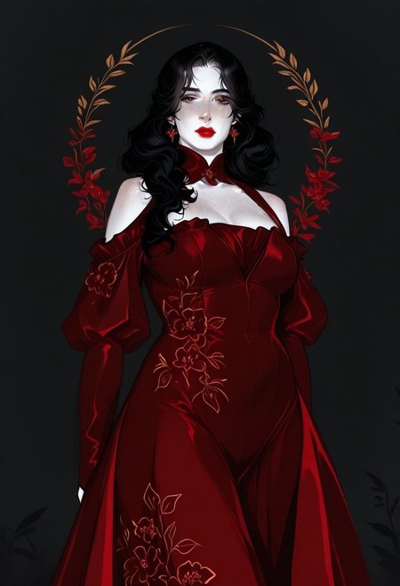 boudoir, plump, voluptuous, soft, European woman, pale skin,  freckles, black hair, volumous hair, wavy hair, red lips, watercolor, aristocrat, 1girl, solo, usnr,748cmstyle, realistic, mature, adult, dress, floral print, shoulder cutout, off-shoulder dress,
fabulous artwork,  masterpiece, best quality, amazing quality, very aesthetic, ,high contrast color,perfect composition, highly detailed,correct shadows, v4l3nt4in3