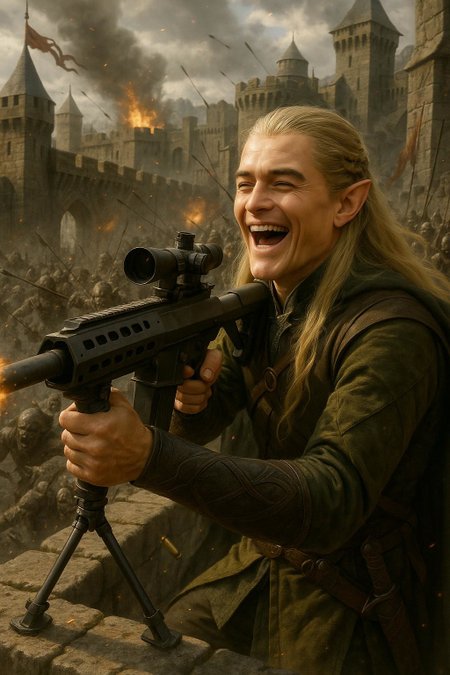 A hyper-realistic, ultra-detailed 8K photo of Legolas from Lord of the Rings, laughing joyfully in the midst of an epic battle. He has distinct pointed elf ears and long, flowing blond hair. Legolas is aiming a massive Barrett M82 sniper rifle, seamlessly blended into the fantasy environment, as he shoots at charging orcs. The scene takes place atop a towering stone castle high wall, with dramatic medieval architecture, weathered stone, and banners fluttering in the wind. The background is filled with chaos: dozens of ferocious orcs attacking, arrows flying, and explosions in the distance. The lighting is cinematic, with dynamic shadows, glowing embers, and a sense of intense action. The image is sharp, colorful, and photo-realistic, with meticulous attention to facial expressions, weapon details, and the texture of Legolas’s elven armor.