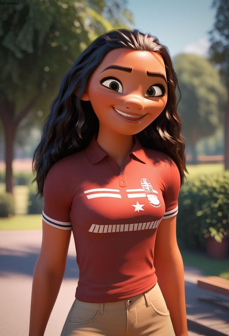 score_9, score_8_up, score_7_up, score_6_up,
masterpiece, (high quality), (high resolution), (incredibly detailed), detailed scenery, 
portrait, 
natural light, cinematic, volumetric lighting, depth of field, hard shadows, 
outdoor, summer, 
1girl, moana, solo, 
tan skin, short height, 
perfect face, perfect anatomy, 
standing, beauty shot posing,  
dark hair, long wavy hair, tattooed arms, dark eyes, 
red polo shirt, beige (yoga pants), 
smiling, innocent face, looking at viewer, 
(american school:1.3), schoolyard background, 
modern, volumetric smoke, 
trees, bench, students,