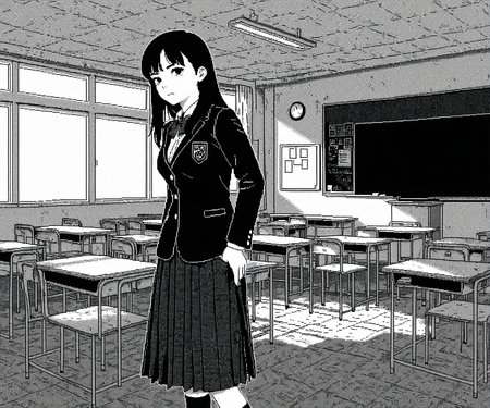 masterpiece, best quality, amazing quality, 1girl, solo,  classroom, <lora:World of Horror style:1> WoH, pixel art, grayscale, monochrome