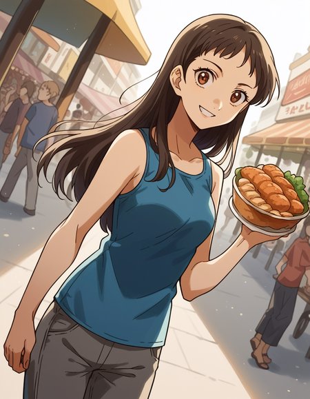 score_9, score_8_up, score_7_up, source_anime, <lora:emi-igawa-s1-ponyxl-lora-nochekaiser:1>,, emi igawa, long hair, brown eyes,, shirt, pants, blue shirt, grey pants, capri pants,, street market, vendor, street food, bustling crowd, local flavor, vibrant, smile, looking at viewer, arm bent at elbow, solo,, cowboy shot, dutch angle