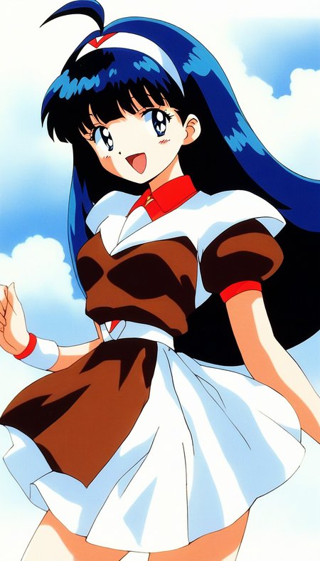 score_9, score_8_up, score_7_up, source_anime, rating_explicit, BREAK <lora:Tsurugino_Hikari_XL:1>Tsurugino_Hikari, long hair, blue hair, 1990s (style), hairband, blue eyes, bangs, ahoge, small breasts,
1girl, solo, brown hat, retro artstyle, skirt, open mouth, School uniform, smile, 
wristband, looking at viewer,  puffy sleeves, short sleeves, bow, 
brown dress, :d
dauy, sky, outdoor.