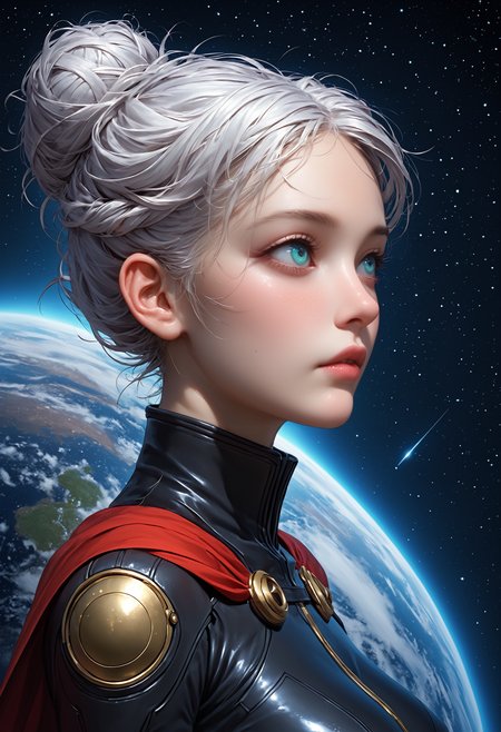ASCII, photorealistic, OLED, score_9, score_8_up, score_7_up, score_6_up, 1girl, extremely detailed photo of a beautiful woman, nordish woman, 25 yo, round face, cheekbones, wide chin, wide lower jaw, small_nose, small eyebrows, small eyes, turquoise eyes, white hair, strands of hair falling over the face, hair tied into a bun at the back, black military cap, black tight-fitting military jacket with gold buttons, black leggings, red cape with gold fringed shoulder pads, in the galaxy, in front of a planet and the cosmos, side view, slying in the galaxy, raise her arms, dark blue sky, <lora:Expressive_H:0.5> ExpressiveH,<lora:Sinozick_Style_XL_Pony:0.2>, sinozick style, everything is shrouded in white mist, starsky background by jed-cosmos style, dark blue star sky by night, giant grey planet in background behind woman <lora:Jed-Cosmos-sdxl:0.4> Jed-Cosmos, full body