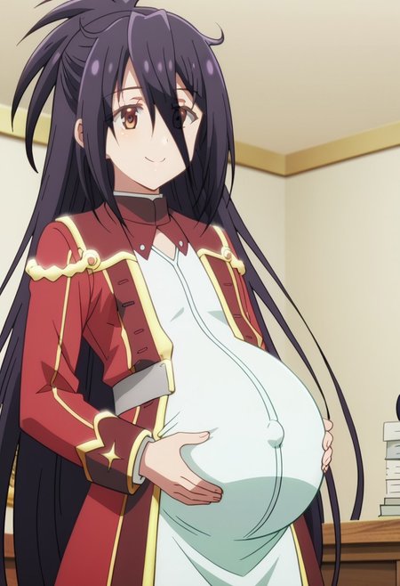 best quality, masterpiece, 4k, perfect lighting, very aesthetic, anime, anime coloring, official art, anime screencap, bedroom, happy, smile, hands on belly,
(large pregnant belly:1.5)
ZeshiaKanon, military uniform,
(covered belly:1.5), (pregnancy clothes:1.5)