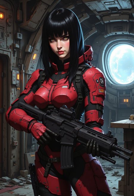 NewFantasyCore, This is a digital artwork in the style of ckgr, a female space pirate. chanel straight-cut bob, bangs, sidelocks, battered red power armour, standing in the command room of a battered spaceship, holding a sci-fi assault rifle in both hands