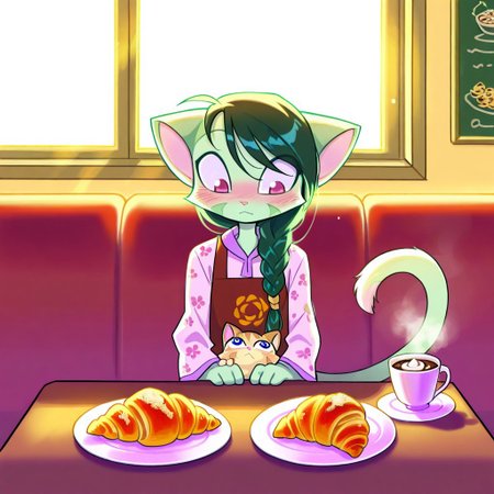 score_9, score_8_up, score_7_up,lilith_calah,
1girl,solo,furry,tail,dark green hair, source_furry,
 ,<lora:lilith_calah_illustrious:0.8>,
child, kid, 
sips hot cocoa while a tabby cat naps on her lap. A half-eaten croissant sits on a floral plate, and sunlight streams through café windows, cafe, cat, hot_chocolate, croissant, plate, sunlight, lap, blush, floral_print, window_seat, steam, apron, braided_hair