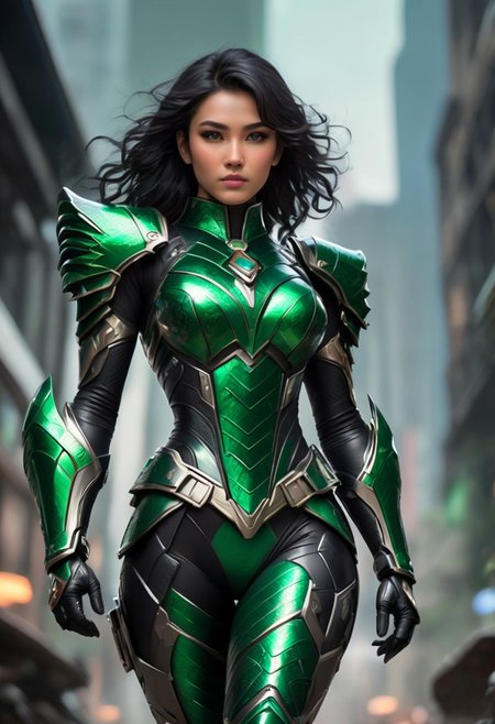 Green Power Ranger. The helmet is a sleek  emerald green with scales etched in a glossy pattern. black visor resembling fierce and intelligent, mouthpiece mirrors the komodo jaws. chest piece boasts a detailed scale motif with a bold emerald green insignia at its center. The arms are covered in flexible yet sturdy dark green emerald armor, extending to claw-tipped gloves. Small vents on the forearms. The waist is secured with a utility belt buckle, the legs are shielded by segmented armor. Thigh plates feature scale patterns, knee guards have spiked protrusions, and boots are reinforced with tungsten-tipped soles. cyberpunk art style, Shounen Anime Style, cyberpunk alien city background, full--body, highly--detailed, bokeh--focus, soft Analogous colors, extremely wide-angle, FastNegativeV2, <lora:fightingpose:0.7> squat, fighting pose, knee on ground,